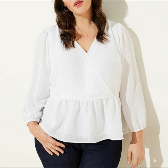 LOFT Tops - Loft Plus Woman's White Checked 3/4 Sleeve Peplum Blouse Size 22 1035